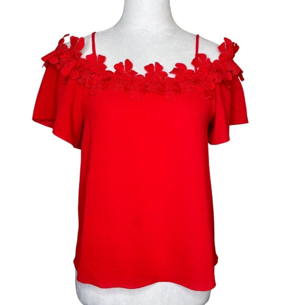 AWESOME USA Red Coquette Floral Lace Cold Shoulder Flutter Sleeve Top S - Picture 2 of 8